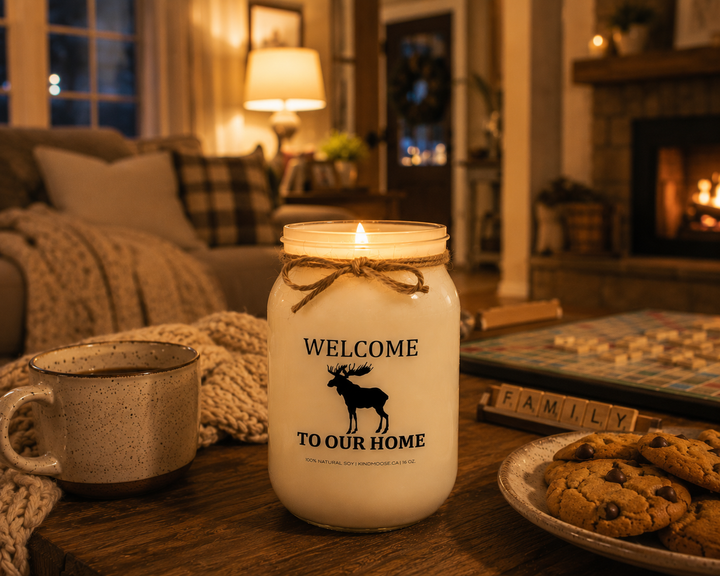 Burning WELCOME TO OUR HOME soy candle in a cozy living room during family game night, featuring cookies, coffee, soft blankets, warm lamps, and a welcoming evening atmosphere.