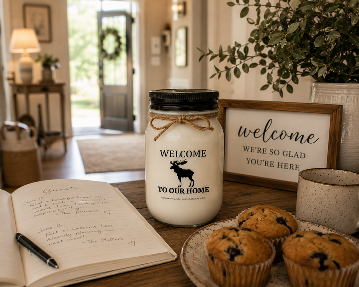 WELCOME TO OUR HOME soy candle with black lid displayed beside an open guest book, coffee mug, homemade blueberry muffins, and welcome sign in a bright and inviting home entryway.