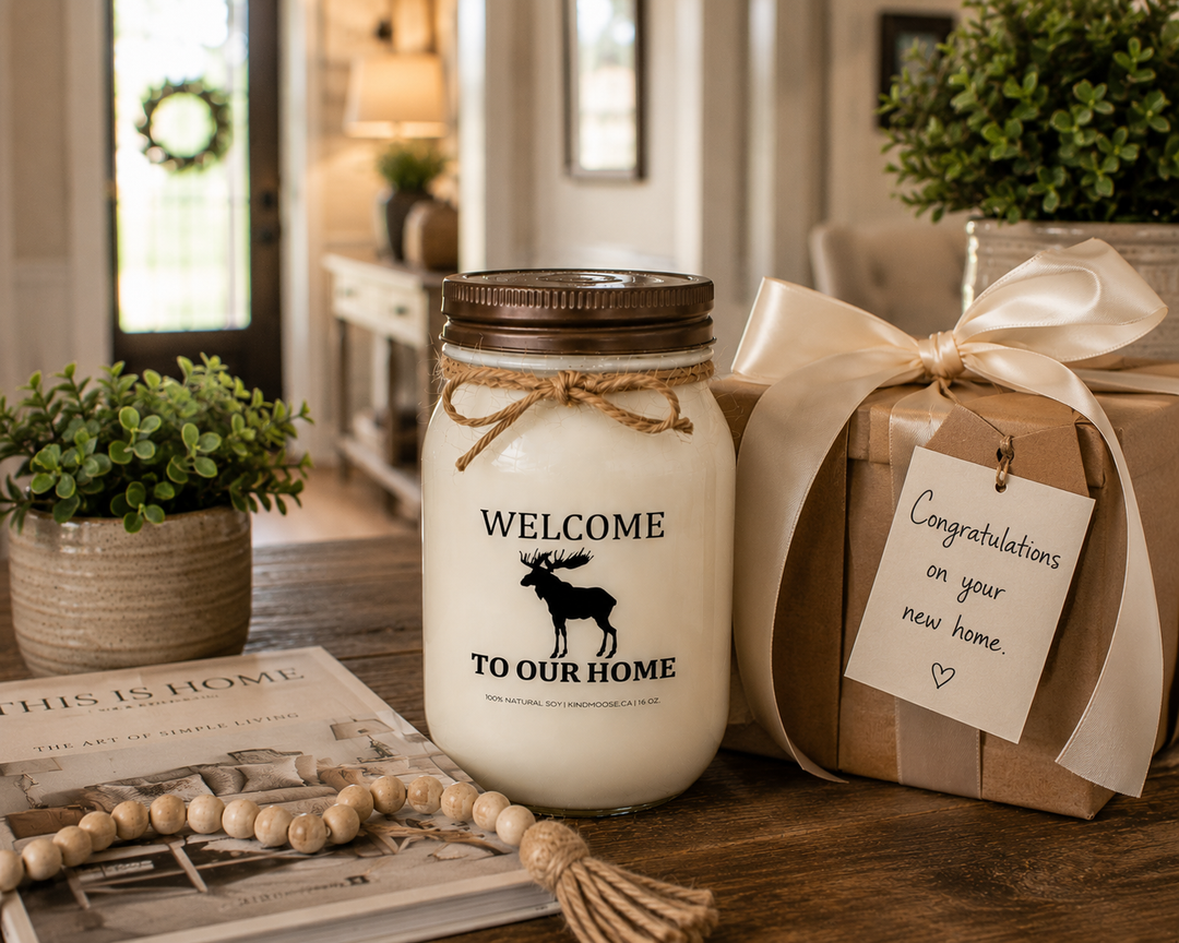 WELCOME TO OUR HOME soy candle with distressed bronze lid styled as a thoughtful housewarming gift, featuring a handwritten congratulations card, wrapped gift, home décor magazine, greenery, and warm entryway décor.