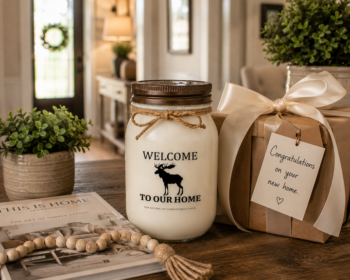 WELCOME TO OUR HOME soy candle with distressed bronze lid styled as a thoughtful housewarming gift, featuring a handwritten congratulations card, wrapped gift, home décor magazine, greenery, and warm entryway décor.