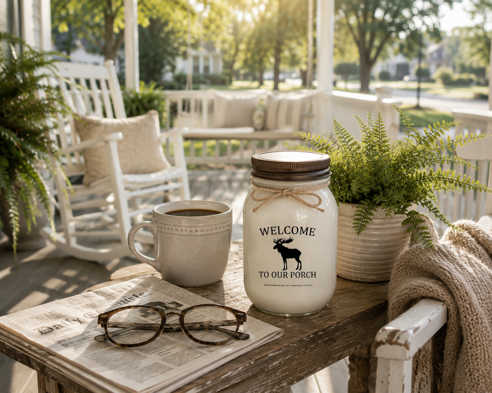 WELCOME TO OUR PORCH soy candle with distressed bronze lid styled on a farmhouse porch table beside fresh coffee, a newspaper, reading glasses, and a cozy throw blanket during a peaceful morning.