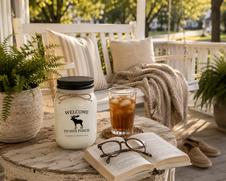 WELCOME TO OUR PORCH soy candle with black lid displayed beside an open novel, reading glasses, iced tea, porch swing, cozy blanket, and potted ferns on a relaxing farmhouse porch.