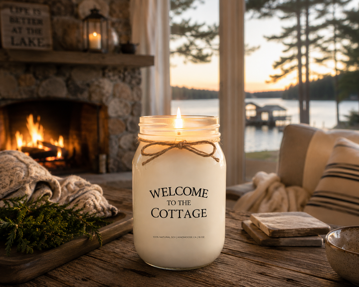 Burning WELCOME TO THE COTTAGE soy candle in a cozy lakeside cottage featuring a stone fireplace, soft blankets, rustic wood furnishings, and sunset views overlooking the lake.