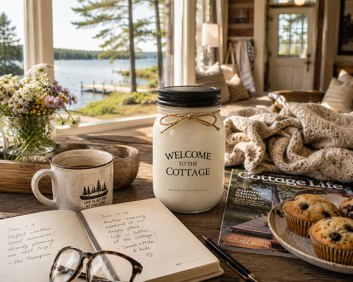 WELCOME TO THE COTTAGE soy candle with black lid displayed beside an open guest book, reading glasses, coffee mug, blueberry muffins, wildflowers, and lake views in a welcoming cottage interior.