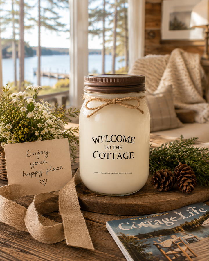 WELCOME TO THE COTTAGE soy candle with distressed bronze lid styled as a thoughtful cottage gift featuring a handwritten card, linen ribbon, cottage magazine, pinecones, cedar greenery, and rustic lakeside décor.