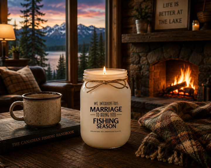 Burning WE INTERRUPT THIS MARRIAGE TO BRING YOU FISHING SEASON soy candle inside a cozy lakeside cabin featuring a stone fireplace, fishing handbook, rustic furnishings, mountain and lake views, and warm evening lighting.