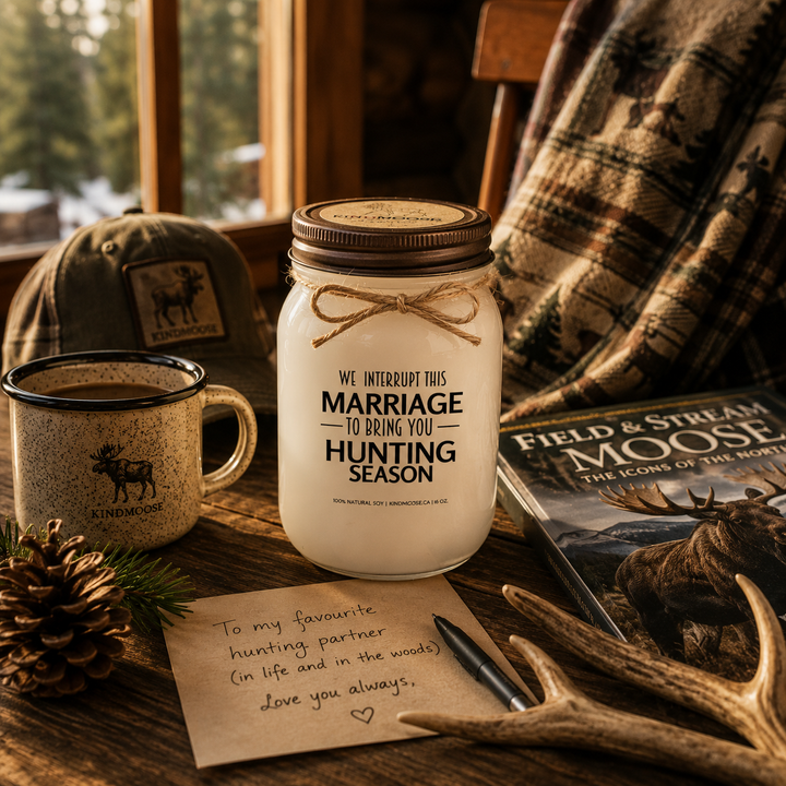 WE INTERRUPT THIS MARRIAGE TO BRING YOU HUNTING SEASON soy candle with distressed bronze lid styled as a thoughtful hunting-themed gift beside a handwritten card, outdoor magazine, coffee mug, pinecones, antlers, and rustic cabin décor.