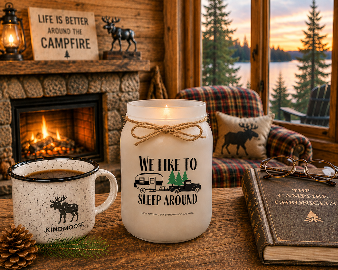 Burning WE LIKE TO SLEEP AROUND soy candle inside a cozy camper overlooking a lake, featuring warm evening lighting, rustic wood interiors, comfortable seating, and a peaceful campground atmosphere.
