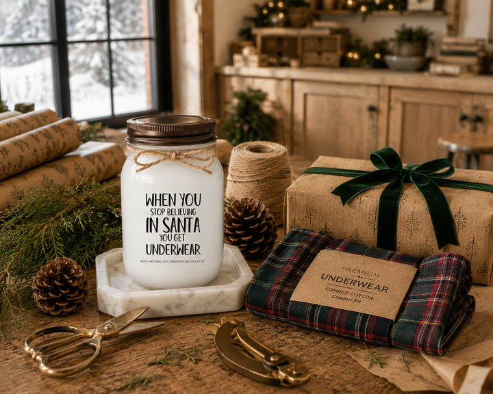 WHEN YOU STOP BELIEVING IN SANTA YOU GET UNDERWEAR customizable Christmas candle on a reclaimed white oak gift-wrapping table beside kraft-wrapped presents, wrapping supplies, plaid underwear, cedar branches, and pinecones in a cozy Canadian farmhouse wrapping room.
