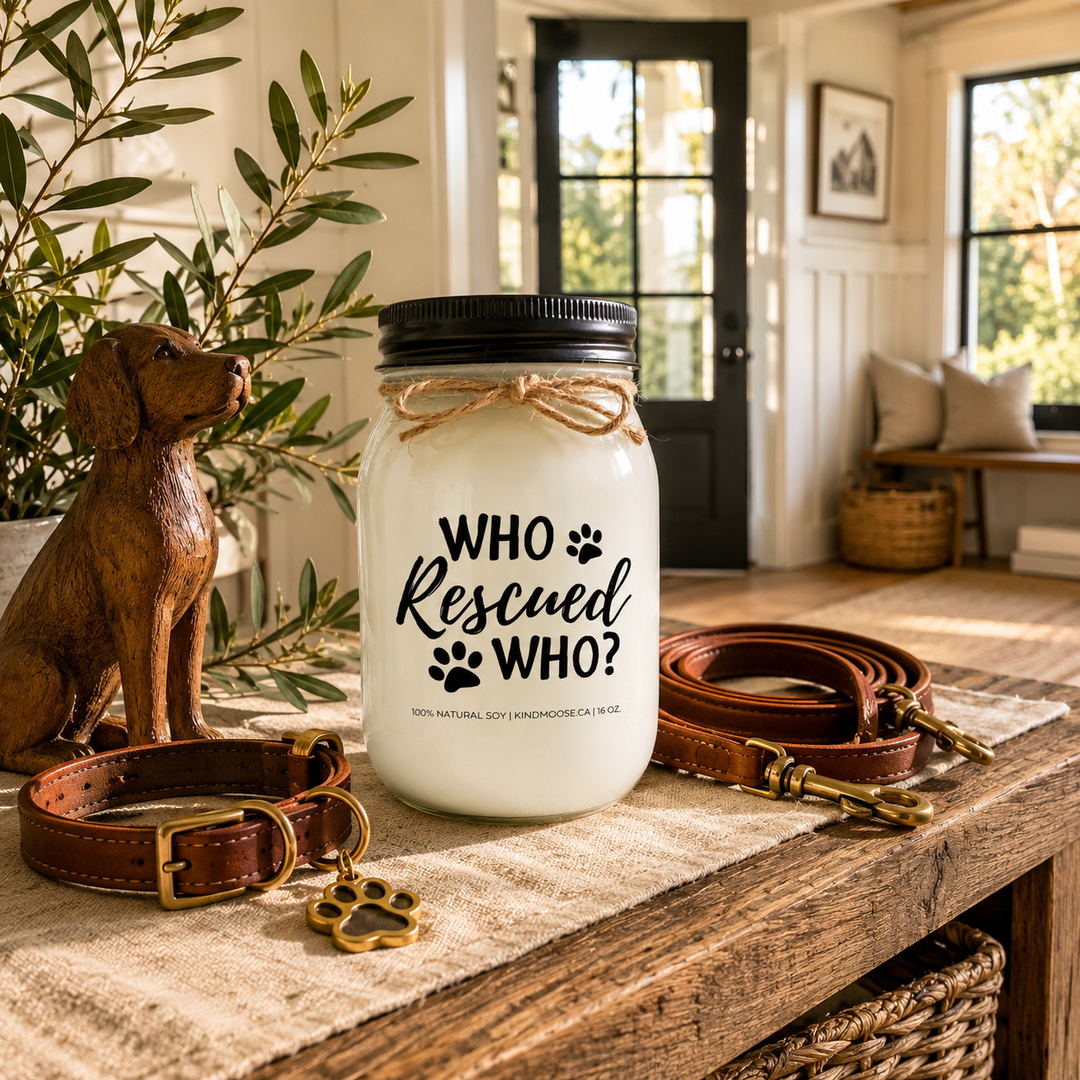 WHO RESCUED WHO? customizable 16 oz soy candle with a black lid displayed on a reclaimed white oak console in a luxury modern farmhouse. Fresh olive branches, a cognac leather leash, antique brass pet tag, carved wooden dog figurine, and warm afternoon sunlight create a welcoming home filled with unconditional love.