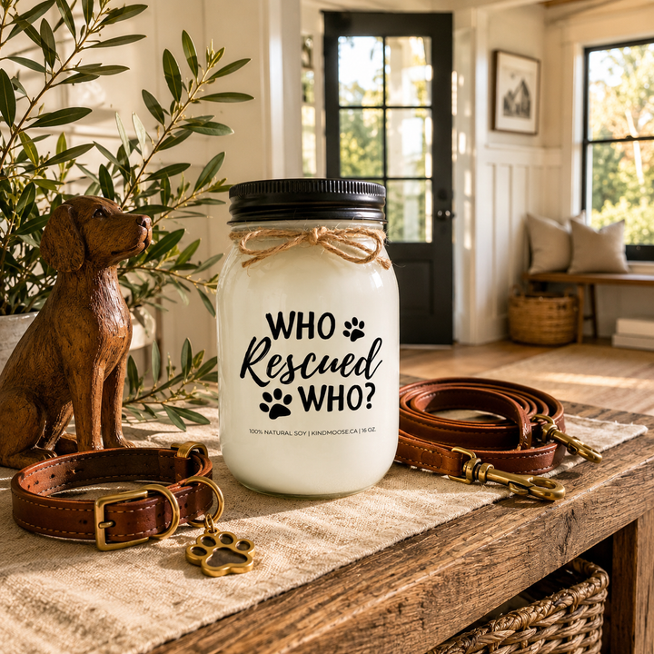 WHO RESCUED WHO? customizable 16 oz soy candle with a black lid displayed on a reclaimed white oak console in a luxury modern farmhouse. Fresh olive branches, a cognac leather leash, antique brass pet tag, carved wooden dog figurine, and warm afternoon sunlight create a welcoming home filled with unconditional love.
