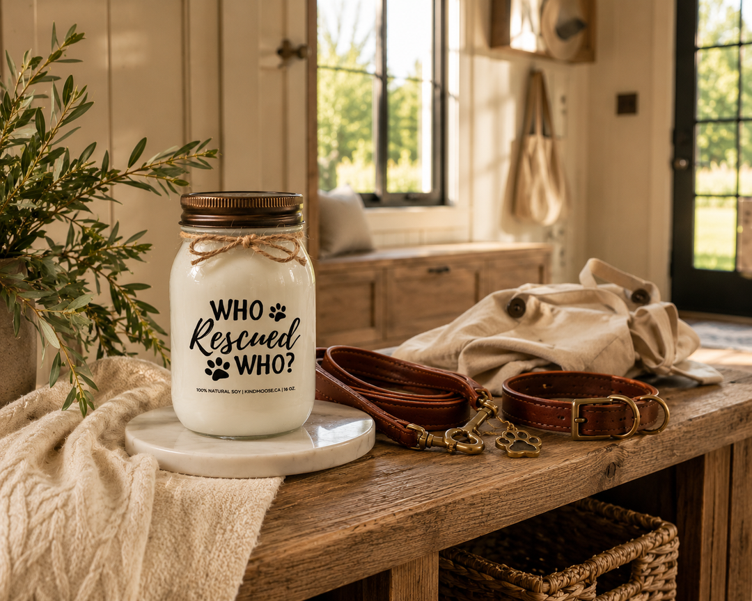 WHO RESCUED WHO? customizable 16 oz soy candle with a distressed bronze lid resting on a white marble tray atop a reclaimed white oak mudroom bench. A leather leash, pet collar, olive branches, and soft afternoon light capture the quiet joy of returning home with a beloved rescue dog.