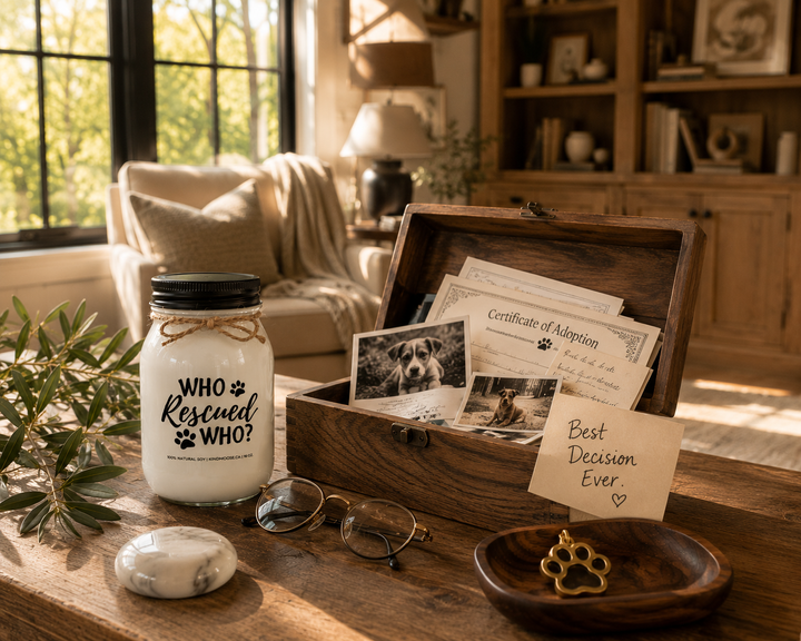 WHO RESCUED WHO? customizable 16 oz soy candle with a black lid displayed on a reclaimed white oak library table beside a keepsake box filled with adoption memories, handwritten notes, and treasured photographs. Warm afternoon light creates a heartfelt farmhouse scene celebrating forever families.