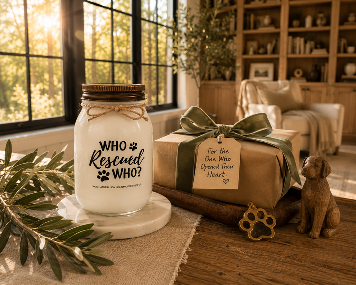 WHO RESCUED WHO? customizable 16 oz soy candle with a distressed bronze lid displayed beside a beautifully wrapped gift tied with sage velvet ribbon in a luxury modern farmhouse library. A carved wooden dog figurine, brass paw ornament, olive branches, and golden-hour sunlight create the perfect gift for rescue dog lovers.
