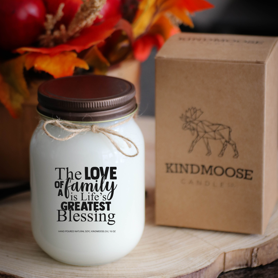 KINDMOOSE CANDLE CO 16 oz Candle Apple Harvest / Distressed Bronze The Love of Family is Life's Greatest Blessing