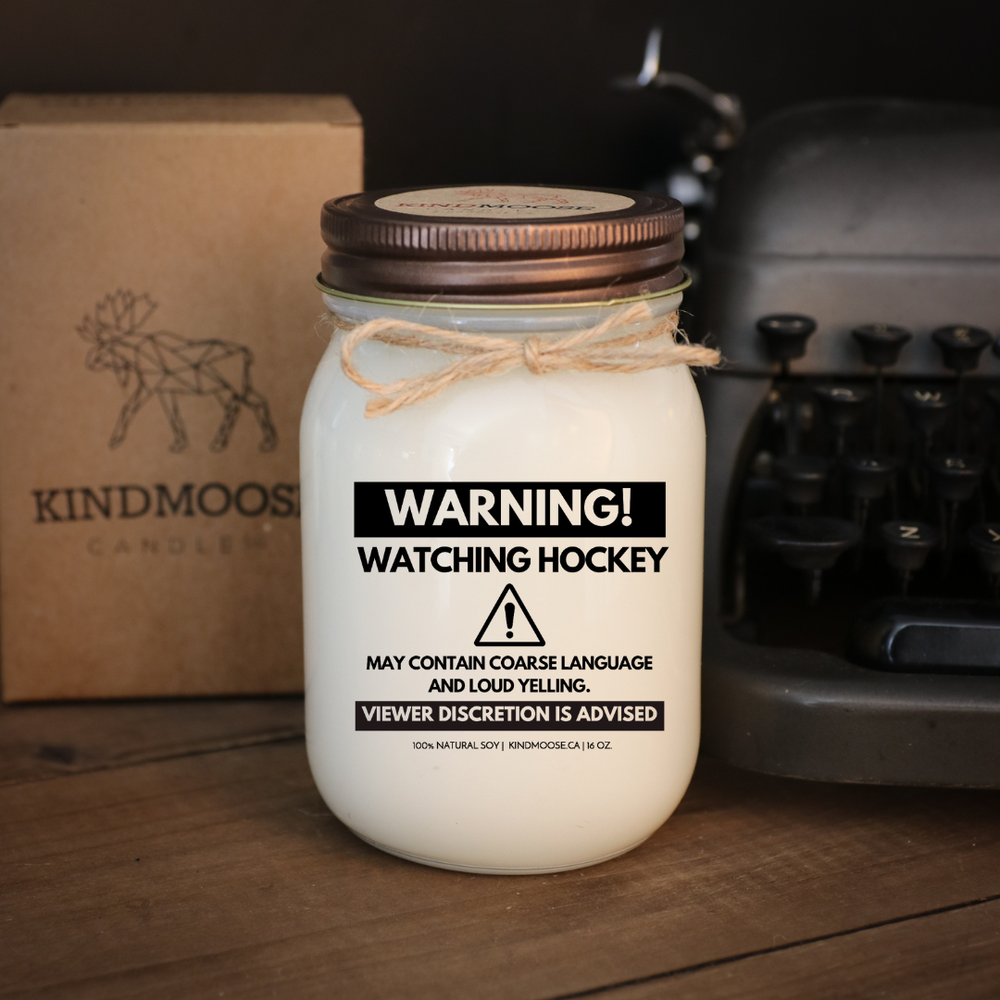 KINDMOOSE CANDLE CO 16 oz Candle Distressed Bronze / Apple Pie WARNING - Watching Hockey May Contain Coarse Language