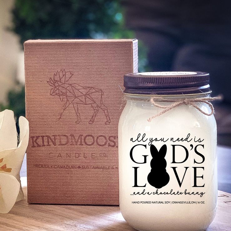 KINDMOOSE CANDLE CO 16 oz Candle All You Need Is God's Love and Chocolate Bunny Soy Candles For Easter - Shop Local