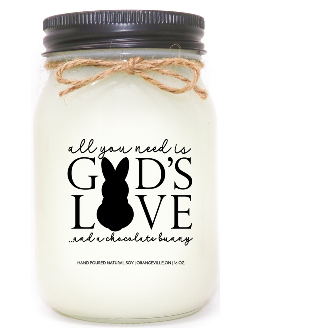 KINDMOOSE CANDLE CO 16 oz Candle All You Need Is God's Love and Chocolate Bunny Soy Candles For Easter - Shop Local
