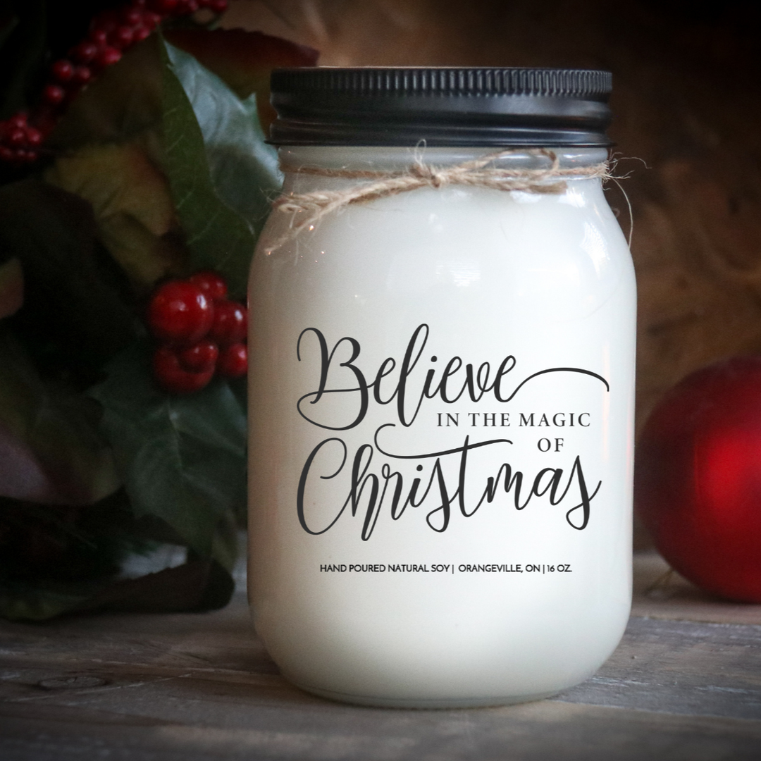 KINDMOOSE CANDLE CO 16 oz Candle Apple Harvest / Black Believe In the Magic of Christmas Believe In the Magic of Christmas, Hand poured Soy Candles Orangeville, Ontario