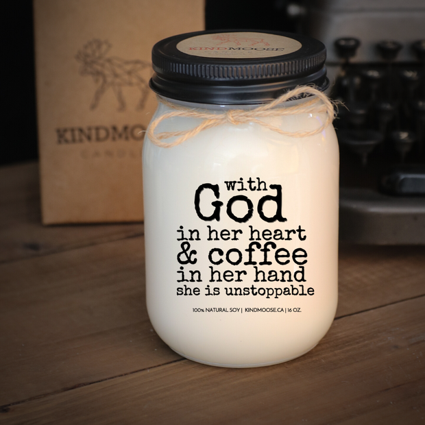 KINDMOOSE CANDLE CO 16 oz Candle Apple Harvest / Black With God In Her Heart & Coffee In Her Hand She Is Unstoppable