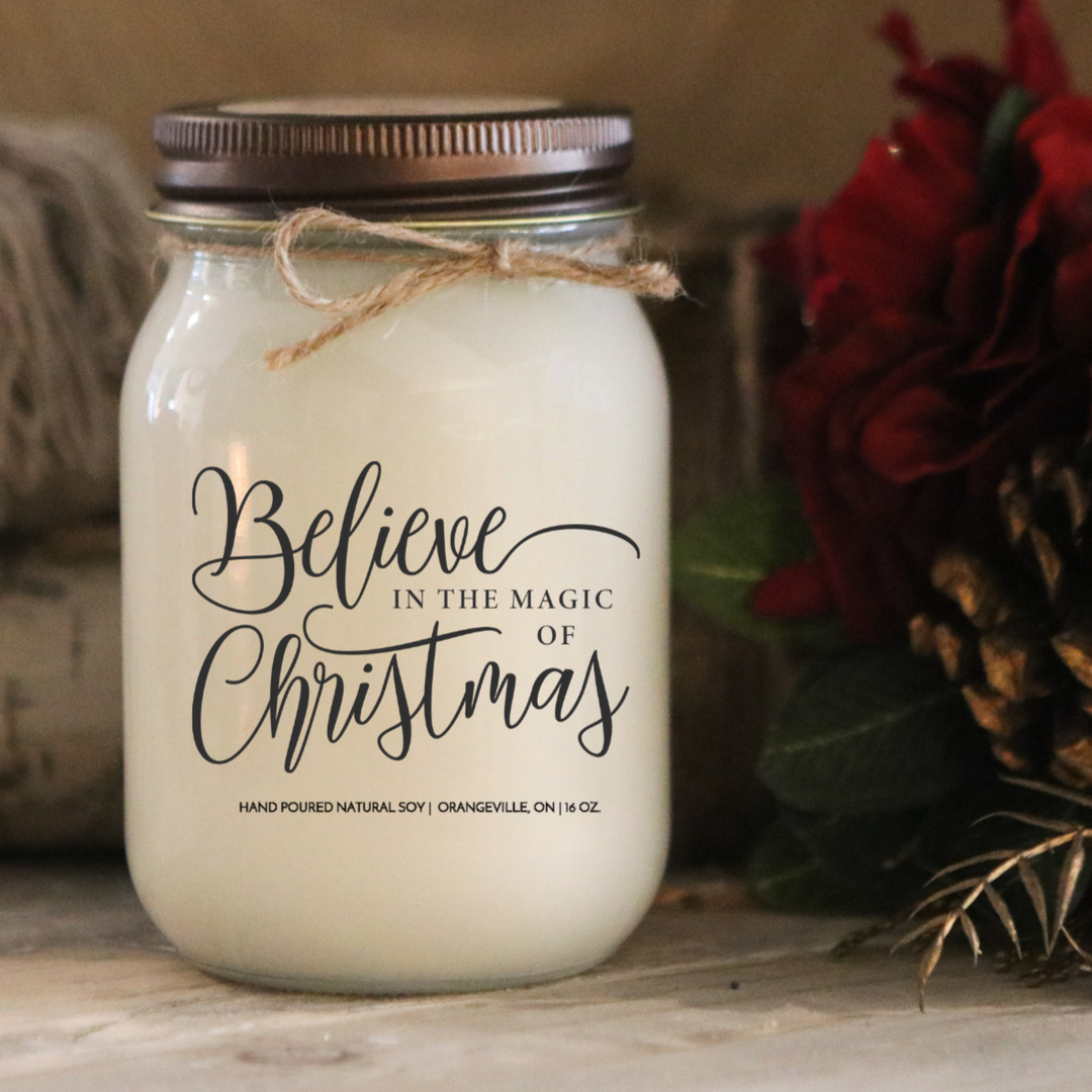 KINDMOOSE CANDLE CO 16 oz Candle Apple Harvest / Distressed Bronze Believe In the Magic of Christmas Believe In the Magic of Christmas, Hand poured Soy Candles Orangeville, Ontario