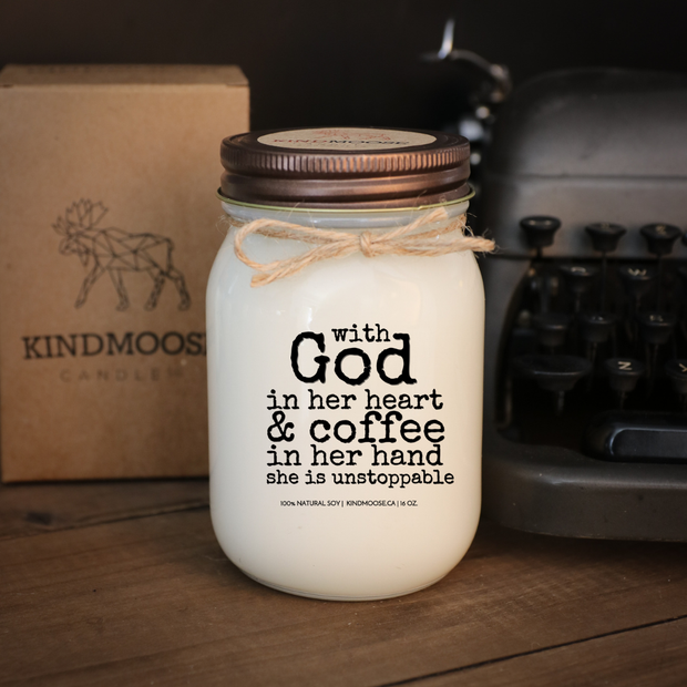 KINDMOOSE CANDLE CO 16 oz Candle Apple Harvest / Distressed Bronze With God In Her Heart & Coffee In Her Hand She Is Unstoppable