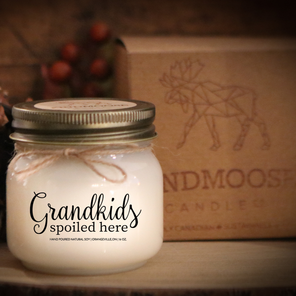 KINDMOOSE CANDLE CO 16 oz Candle Apple Pie / Antique Gold Grandkids Spoiled Here - 8 oz  Soy Candles Hand poured in Orangeville, Ontario Canada