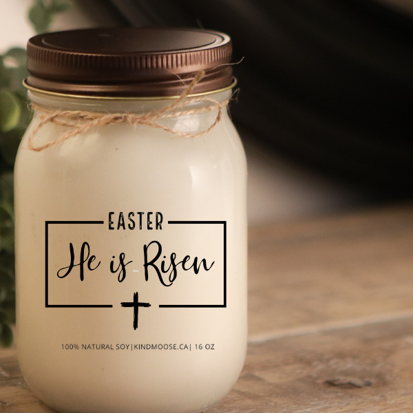 KINDMOOSE CANDLE CO 16 oz Candle Apple Pie / Distressed Bronze Easter - He Has Risen Spiritual Soy Candles For Easter.  He has Risen