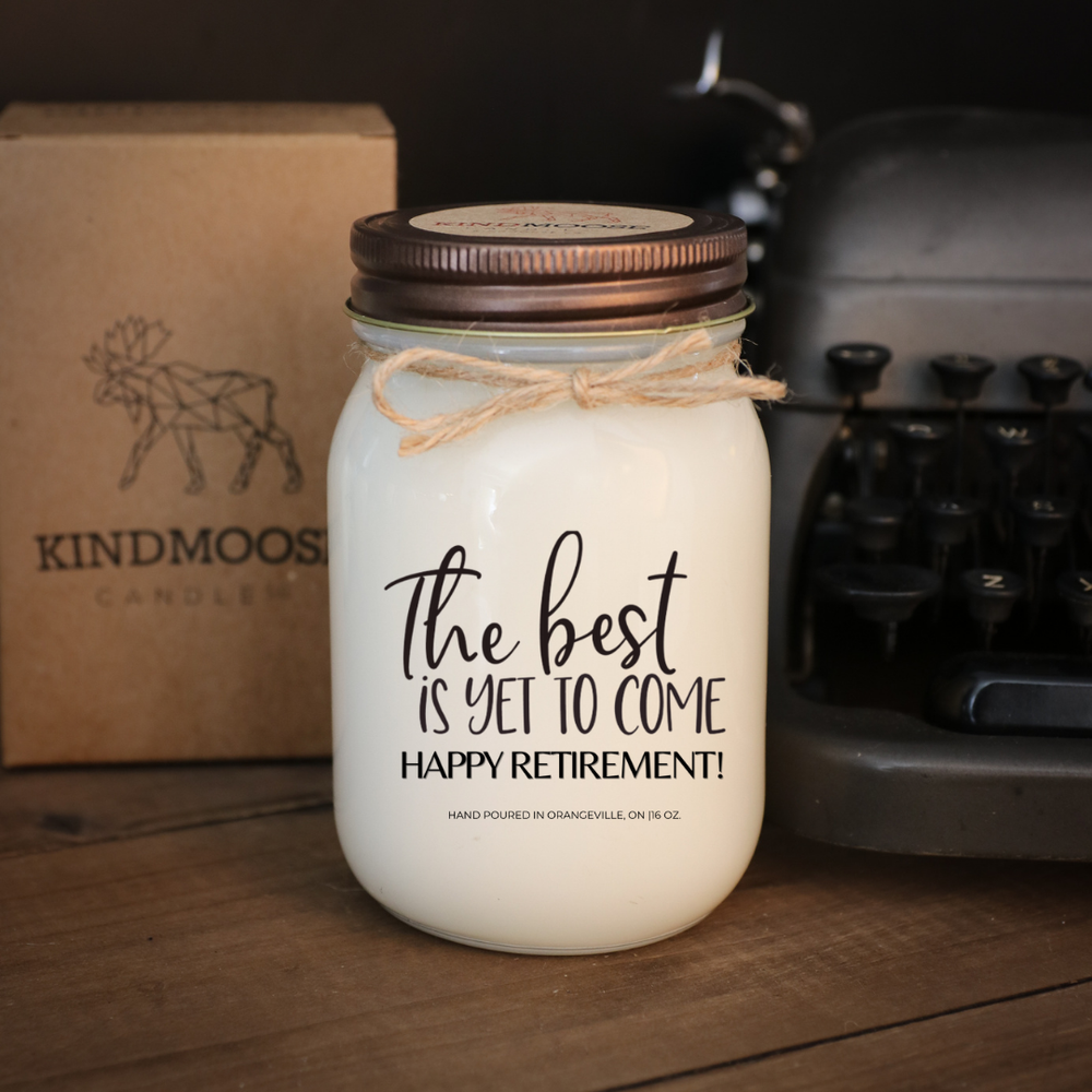 KINDMOOSE CANDLE CO 16 oz Candle Apple Pie / Distressed Bronze The Best Is Yet To Come - Happy Retirement