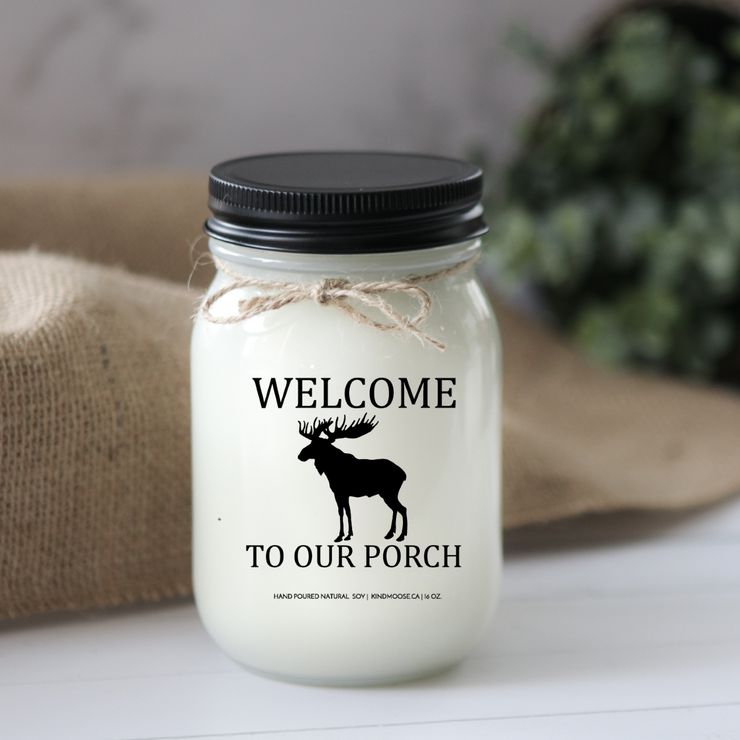 KINDMOOSE CANDLE CO 16 oz Candle Caramel Coffee / Black Welcome to our Porch "Oh Shit" Company is Coming - Soy Candles