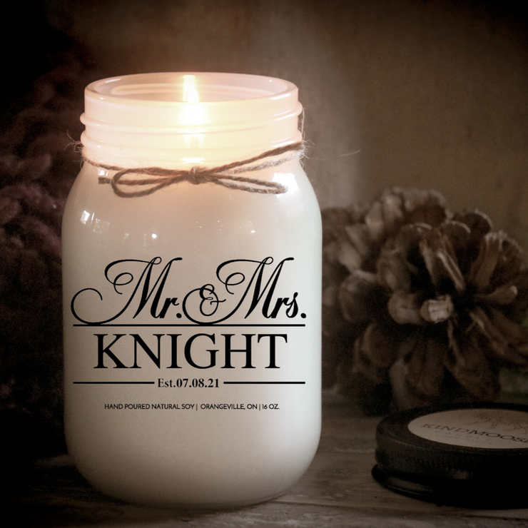 KINDMOOSE CANDLE CO 16 oz Candle Mr. & Mrs...... Customizable
