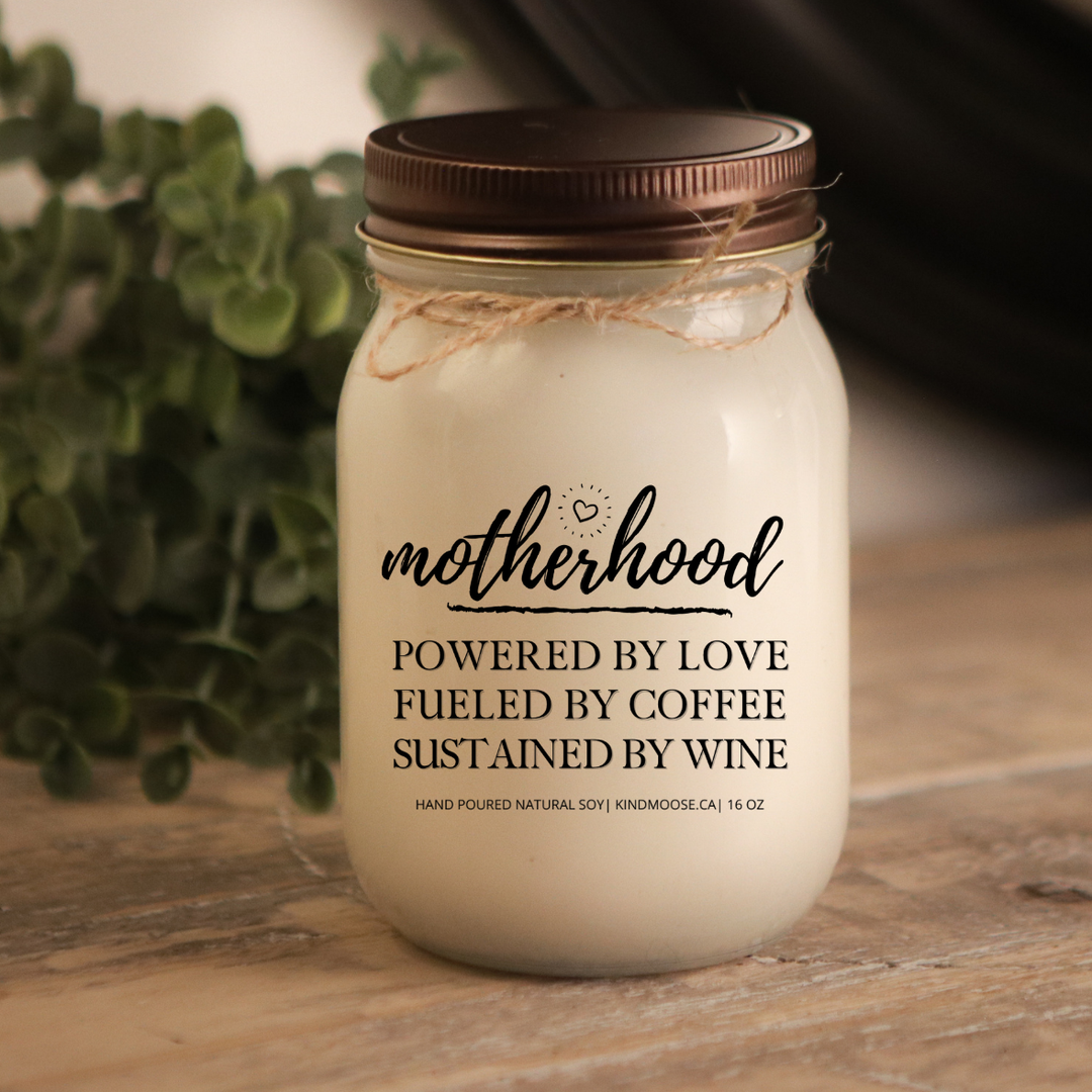 KINDMOOSE CANDLE CO 16 oz Candle Peppermint / Distressed Bronze Motherhood - Powered by Love, Fueled by Coffee, Sustained by Wine Motherhood - Powered by Love, Fueled by Coffee, Sustained by Wine.  Soy Candles hand poured in Orangeville, Ontario