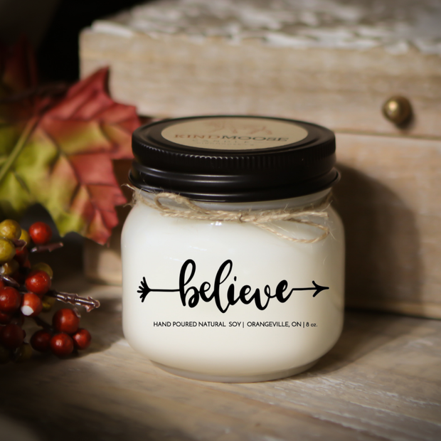 KINDMOOSE CANDLE CO 8 oz Candle Believe Believe -  Soy Candles Hand poured in Orangeville, Ontario Canada