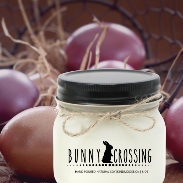 KINDMOOSE CANDLE CO 8 oz Candle Bunny Crossing Easter Soy Candles Hand poured in Orangeville, Ontario Canada