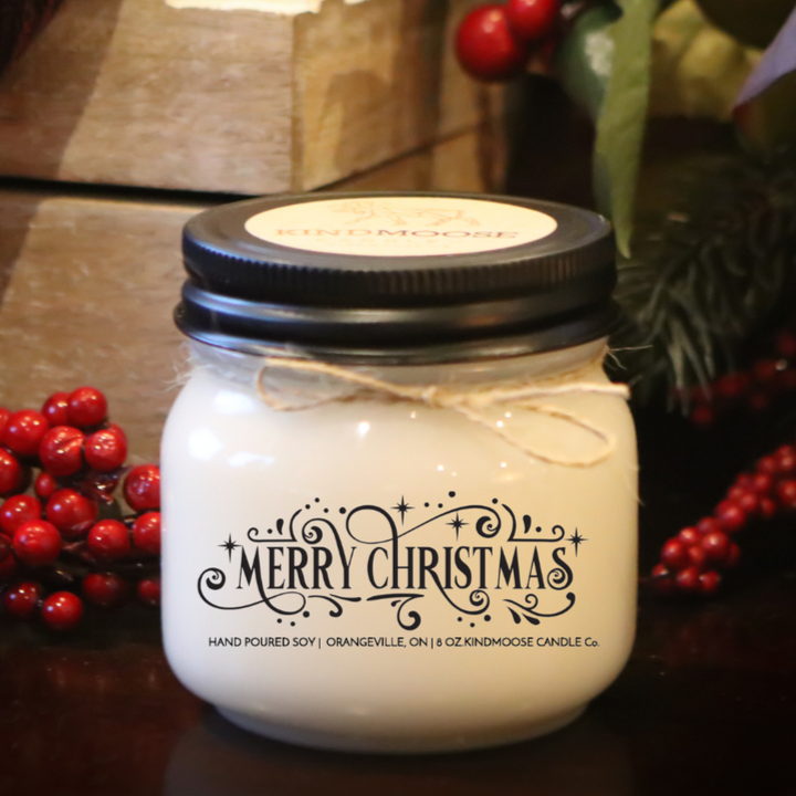 KINDMOOSE CANDLE CO 8 oz Candle Merry Christmas Customized Christmas Soy Candles.  Han-poured in Orangeville, Ontario Canada